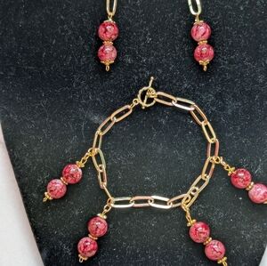 Handcrafted  Gold Tone and Red Dragon Vein  Beaded Jewelry Set